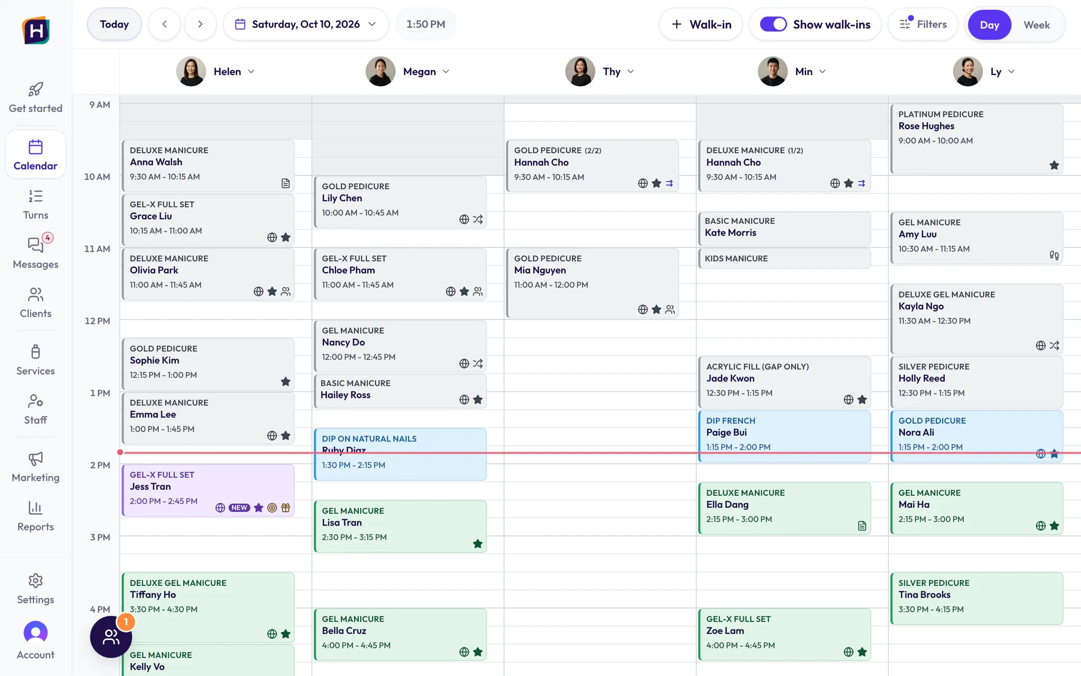 Salon calendar day view with five technician columns