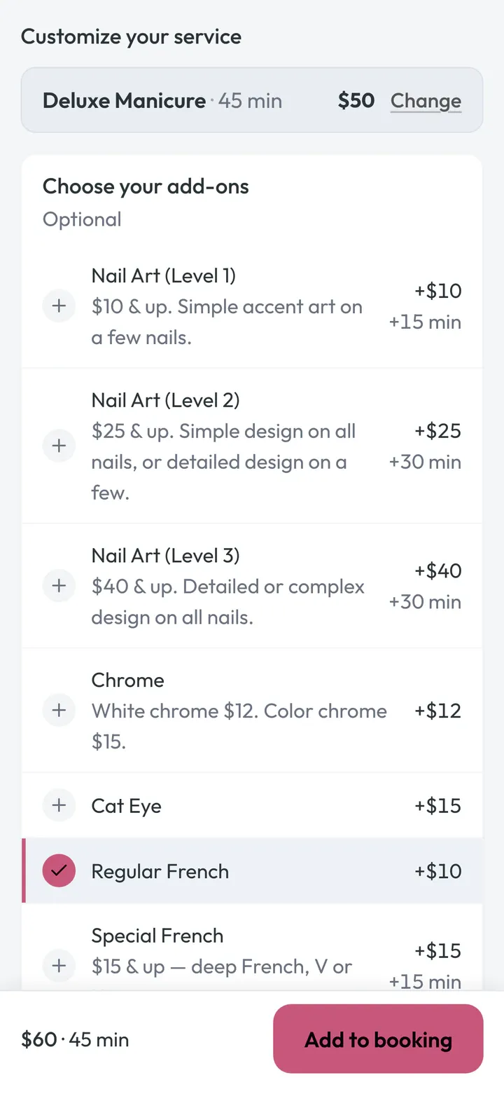 Customize screen for a Deluxe Manicure with add-ons selected