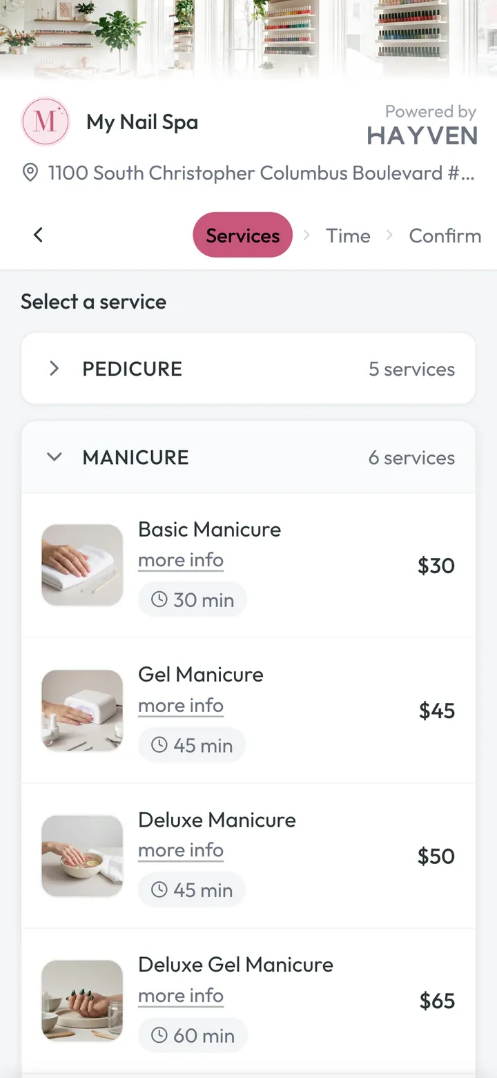 Choosing a service from the salon menu