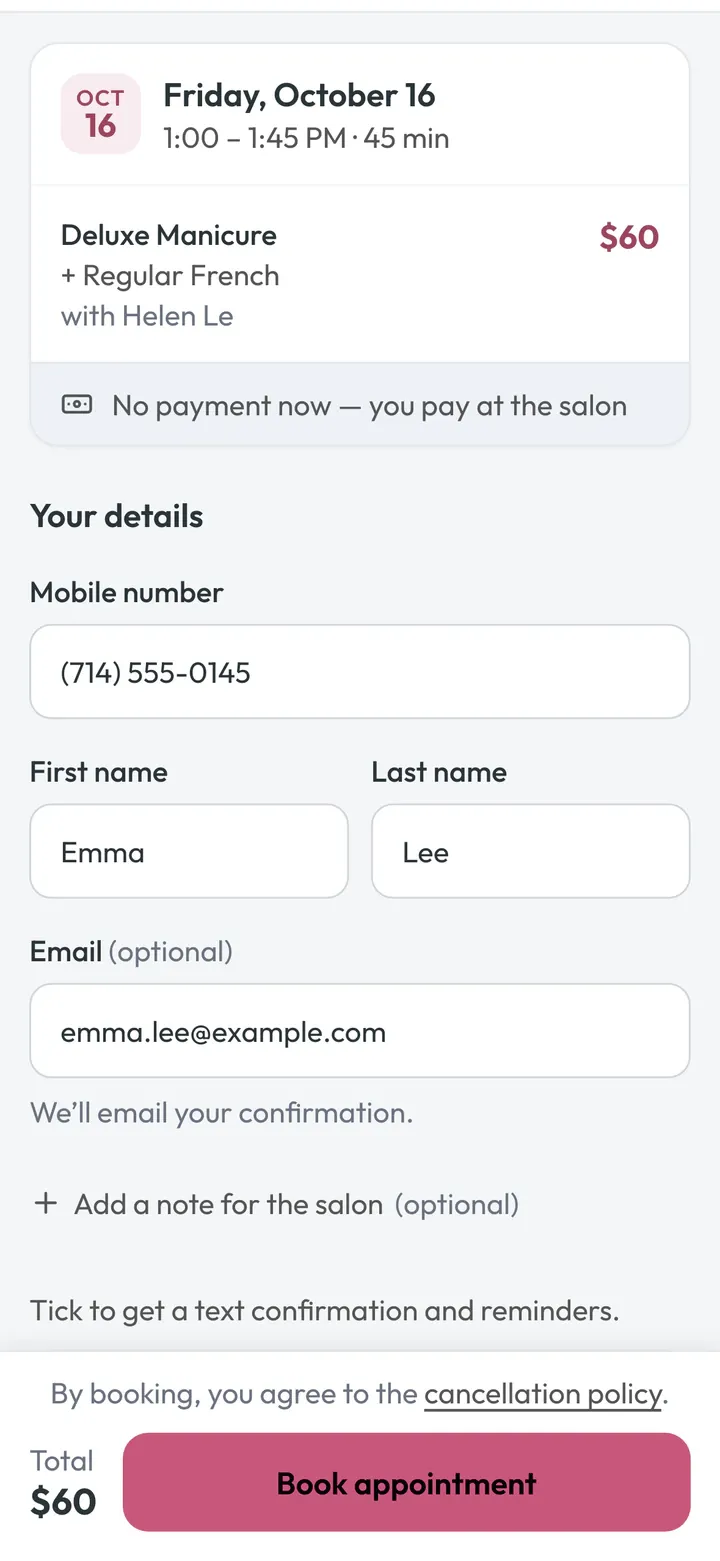 Entering a name, phone number, and email, with the cancellation policy