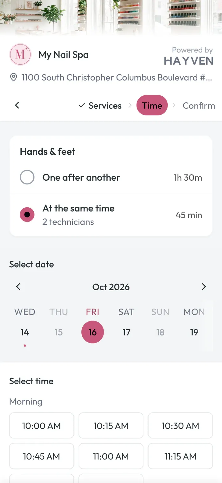Booking a manicure and a pedicure at the same time with two technicians
