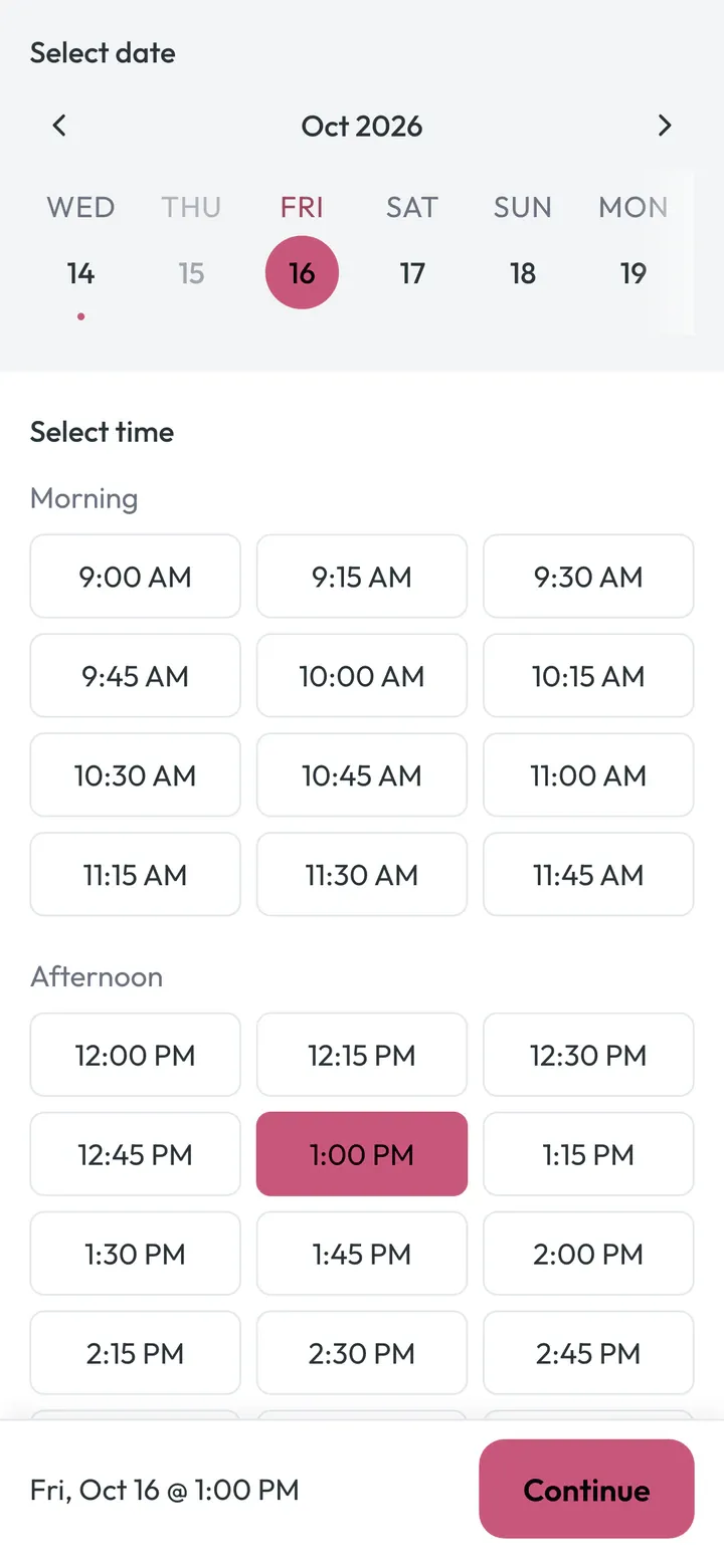 Date strip with a closed day grayed out and open times below