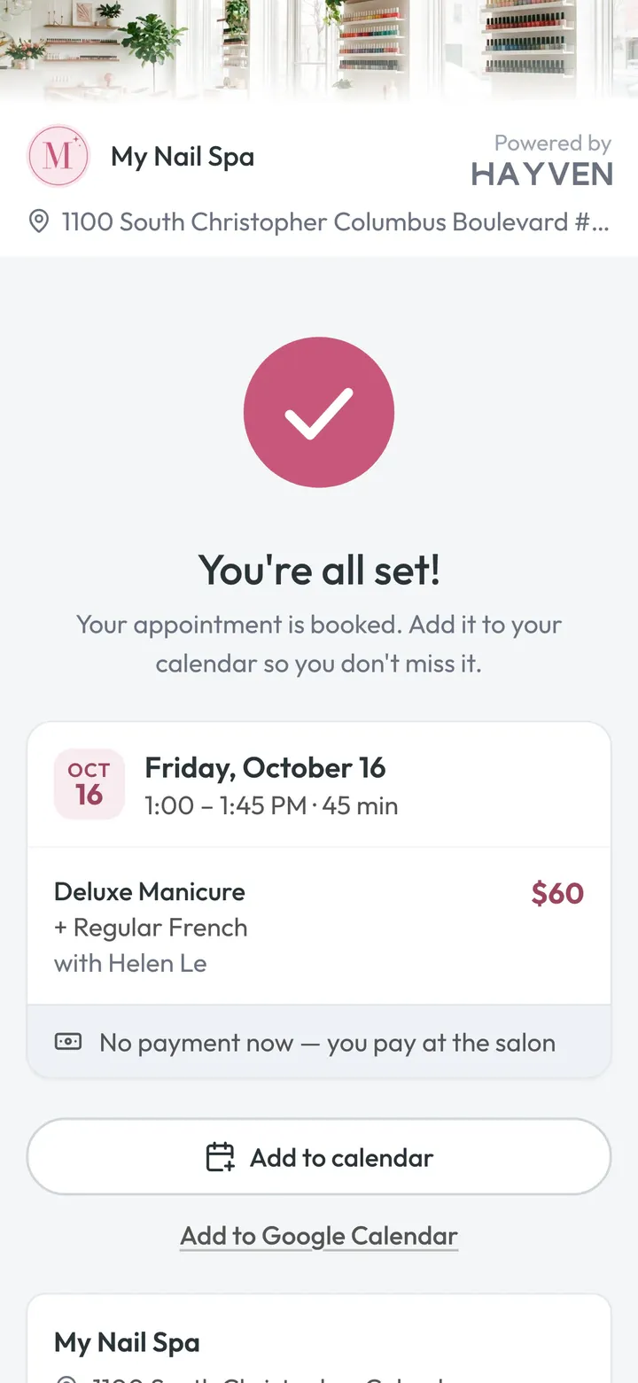 Booked confirmation screen