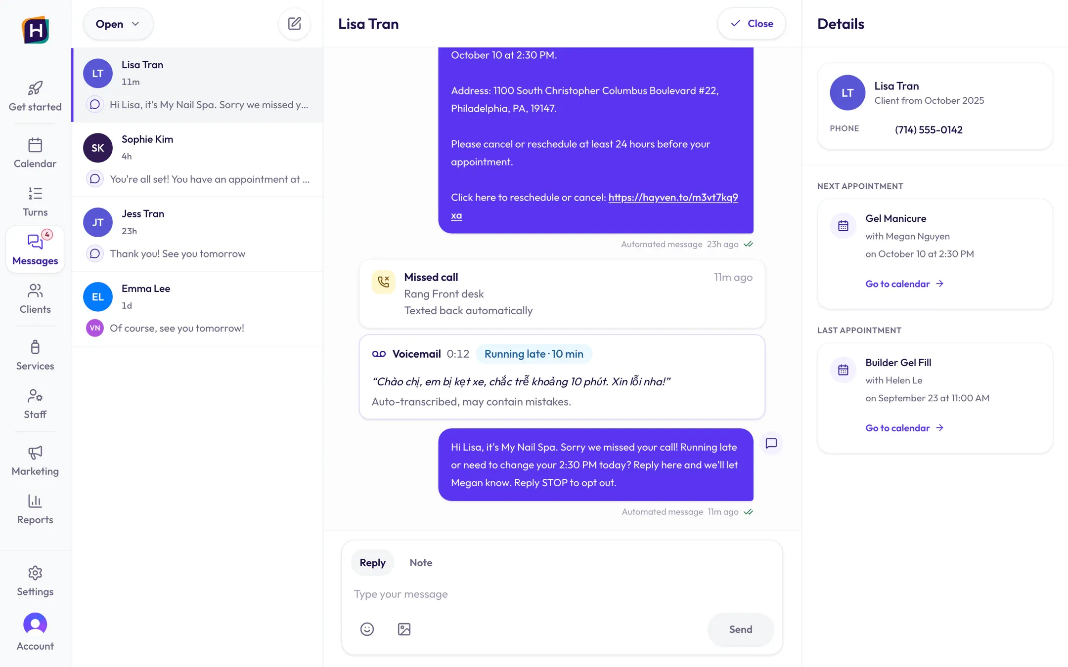 Inbox thread: a missed call, the automatic text back, and a voicemail with its summary
