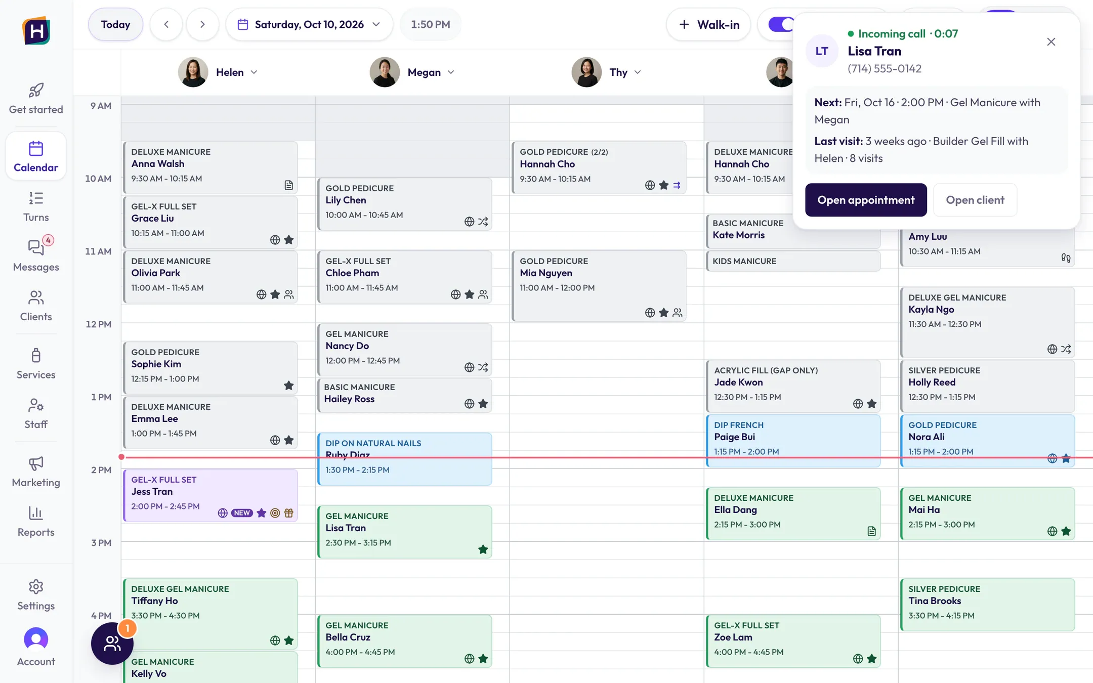 An incoming call card on the calendar showing the caller’s next and last visit