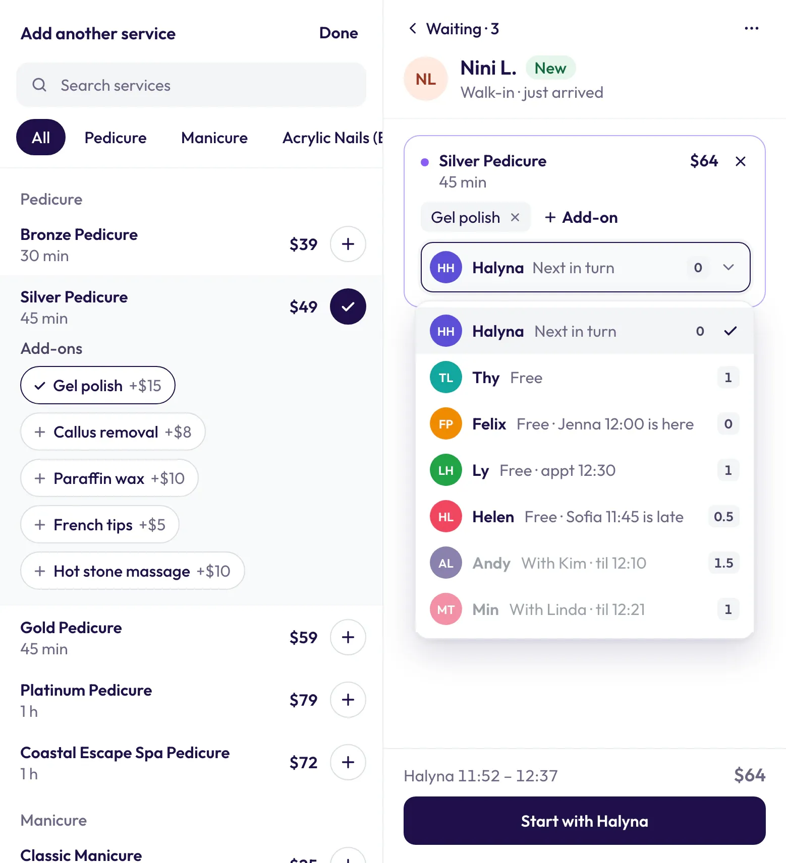 Turns: a walk-in’s ticket open beside the services menu, with the suggested tech and the tech picker